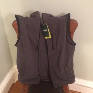 Heather gray and black trim sleeveless fleece